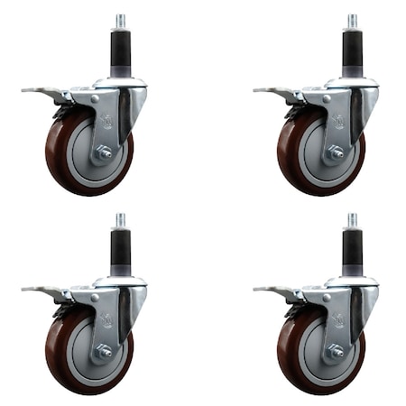 Service Caster 4'' Maroon Poly Swivel 1-1/8'' Expanding Stem Caster Set Total Lock Brake, 4PK SCC-EXTTL20S414-PPUB-MRN-118-4